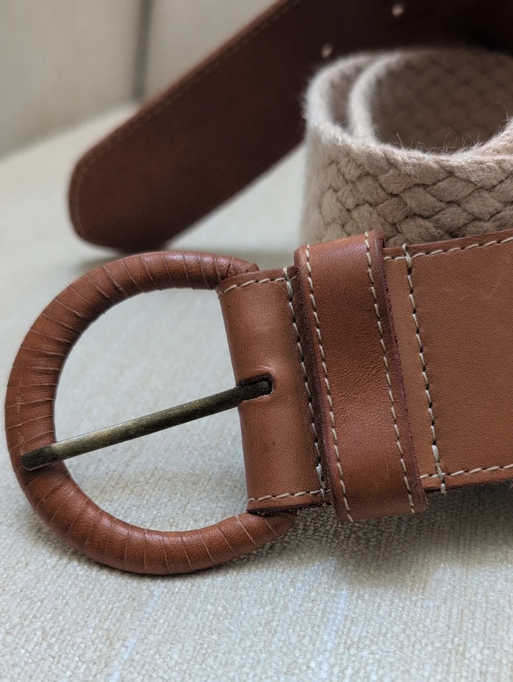 J. McLaughlin Brown Leather-Trim Wide Woven Belt Coastal Preppy Size L/XL